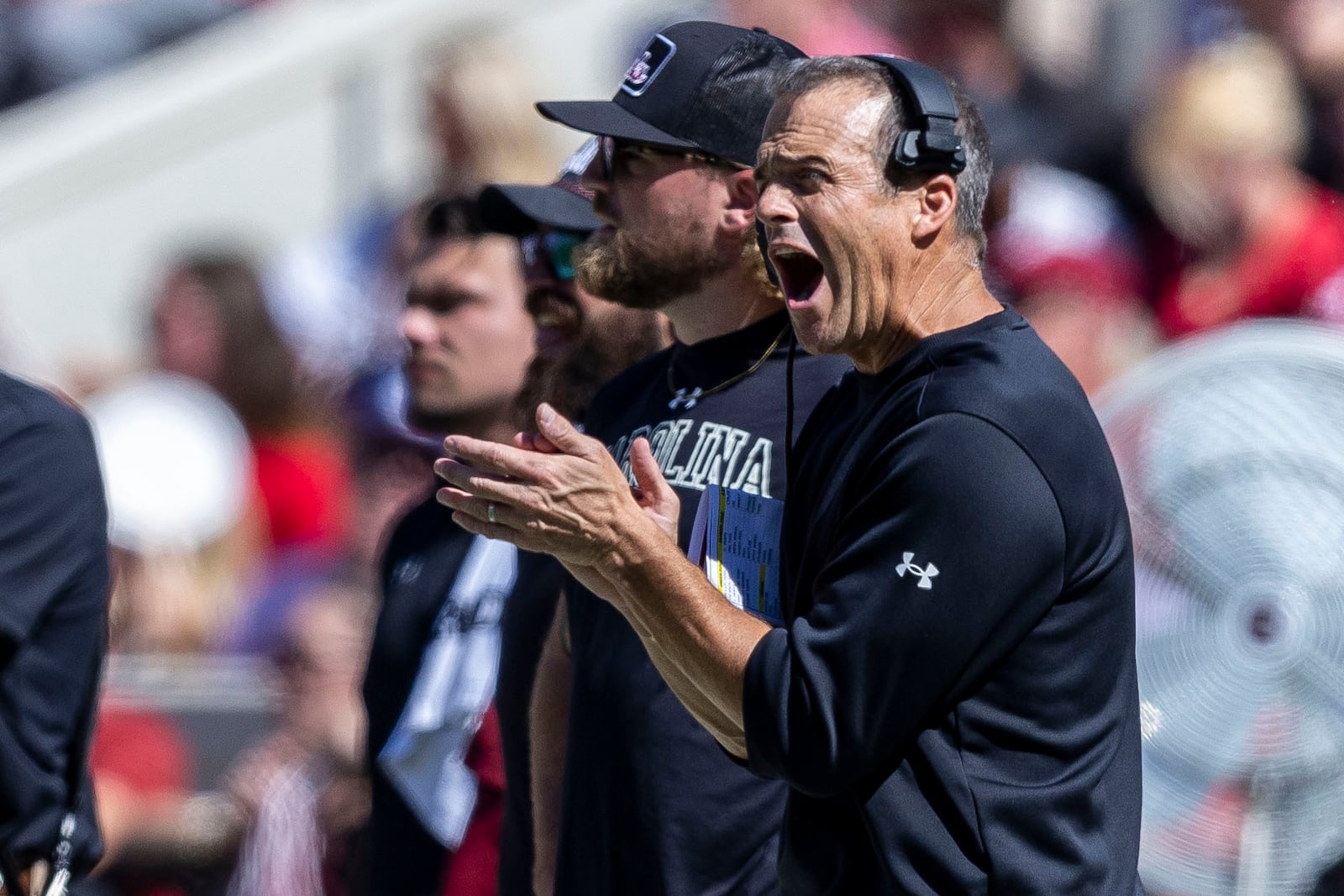 South Carolina head coach Shane Beamer cheers on his team during the first half of an NCAA college football game against Alabama, Saturday, Oct. 12, 2024, in Tuscaloosa, Ala. (AP Photo/Vasha Hunt)