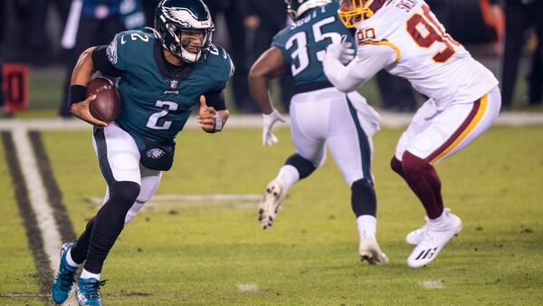 Philadelphia Eagles quarterback Jalen Hurts (2) runs against the Washington Football Team, Sunday, Jan. 3, 2021, in Philadelphia. (Chris Szagola/AP)