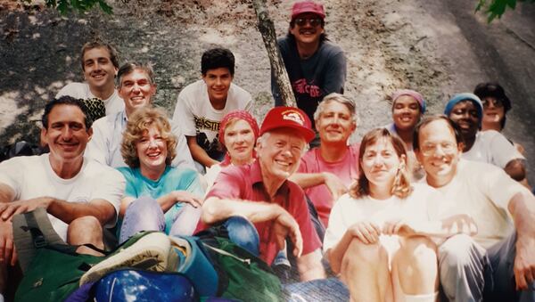 Outward Bound event hosted by Arthur Blank in Morganton, NC on June 5, 1992. Some staff and Carter Family members attended. Bernstine W. Hollis is on the right in the photo wearing a blue hat.