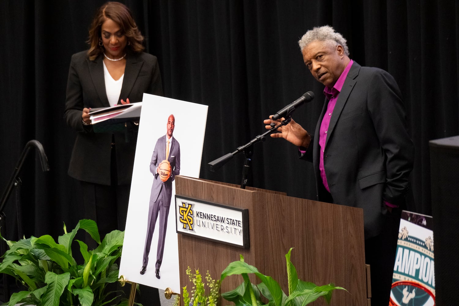 Former Wheeler High School basketball coach Doug Lipscomb speaks during a celebration of life for former KSU basketball coach Amir Abdur-Rahim at the KSU convocation center on Sunday, Oct. 27, 2024.   Ben Gray for the Atlanta Journal-Constitution