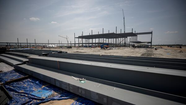 ELLABELL, GA. - JUNE 5, 2023: large steel I-beams are staged near the paint building at the Hyundai Metaplant site, Monday, June 5, 2023, in Ellabell, Ga. (AJC Photo/Stephen B. Morton)