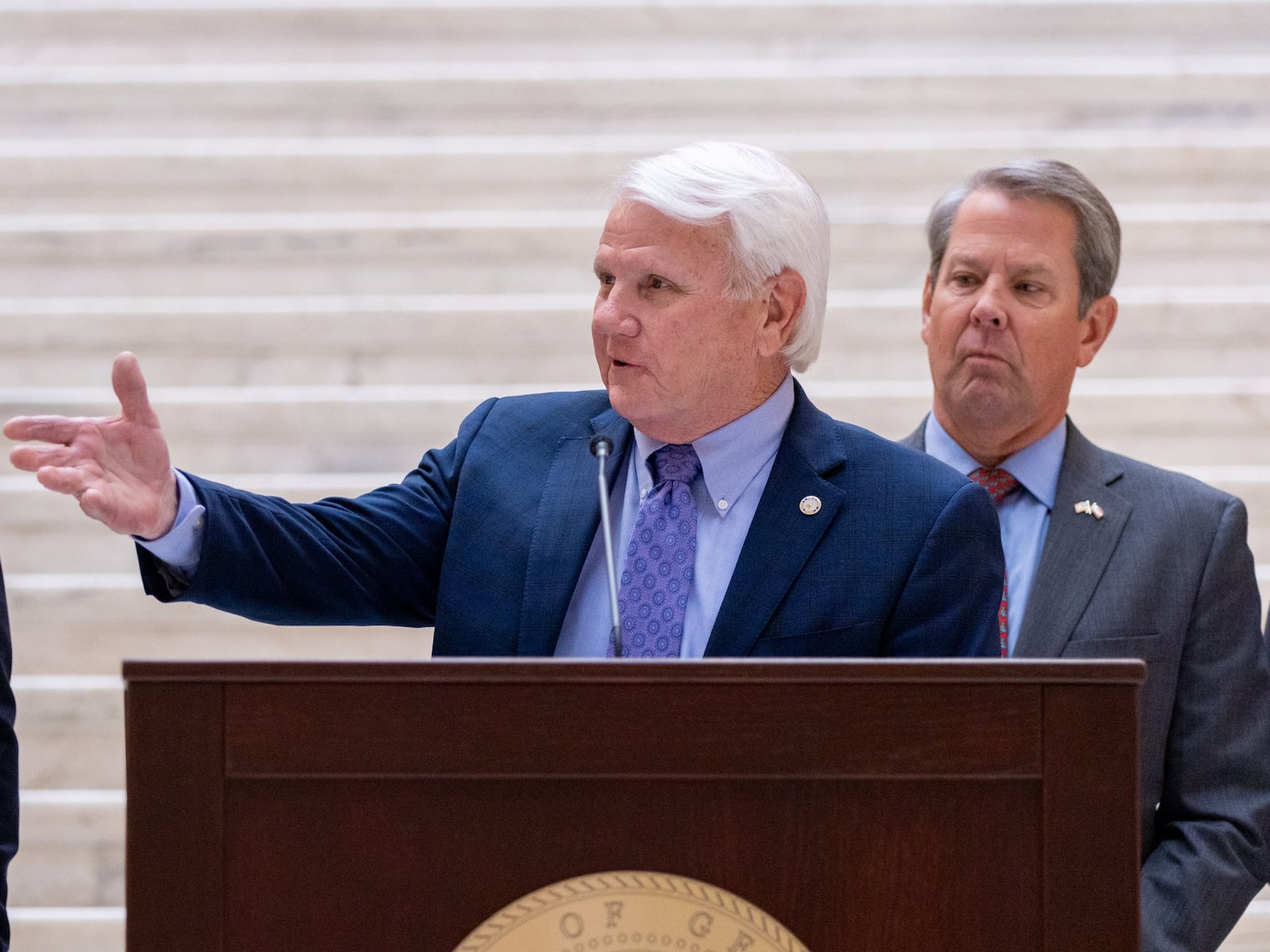 Georgia House Speaker Jon Burns, R-Newington, speaks at a press conference at the Capitol in Atlanta on Monday, December 18, 2023, where Gov. Brian Kemp announced that he’ll provide a $1,000 retention bonus to state employees, teachers and school support staff this holiday season. (Arvin Temkar / arvin.temkar@ajc.com)