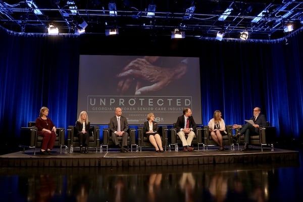 The Atlanta Journal-Constitution hosted a community conversation about the AJC’s investigation Unprotected at Georgia Public Broadcasting on Thursday, October 17, 2019. Panelists consisted of (R to L) Bill Nigut, host and executive producer of “Political Rewind” for Georgia Public Broadcasting, Carrie Teegardin, AJC Investigative Reporter, Brad Schrade, AJC Investigative Reporter, Sharon Cooper, State Rep., R-Marietta, Jason Marbutt, Cobb Senior Assistant District Attorney, Melanie McNeil, Georgia Long-term Care Ombudsman, and Ginny Helms, President-CEO of LeadingAge Georgia. TYSON HORNE / TYSON.HORNE@AJC.COM