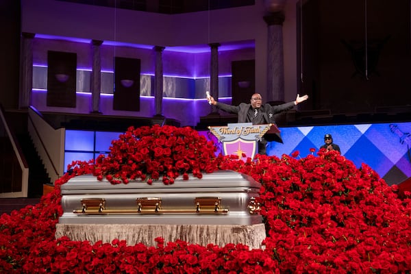 Fans and friends gather to celebrate the life of singer and actress Angie Stone, Friday, March 14, 2025, in Austell. Ga. (AP Photo/Olivia Bowdoin)