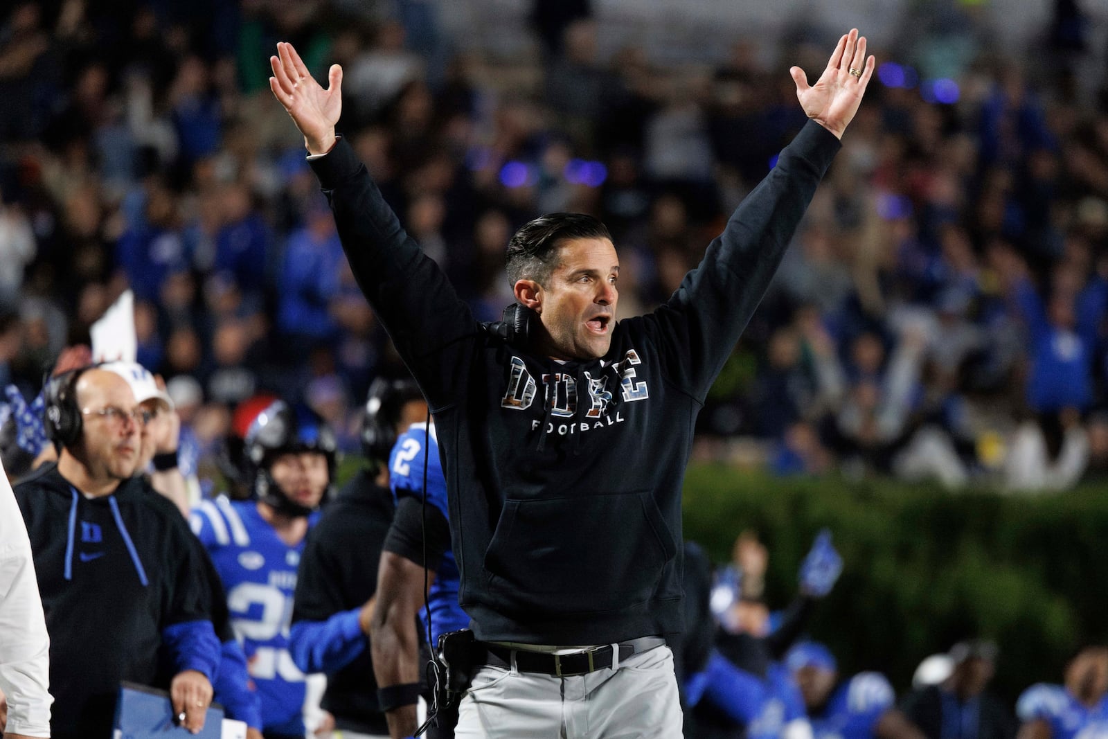 Duke head coach Manny Diaz reacts as his team scores a touchdown against Florida State during an NCAA college football game in Durham, N.C., Friday, Oct. 18, 2024. (AP Photo/Ben McKeown)