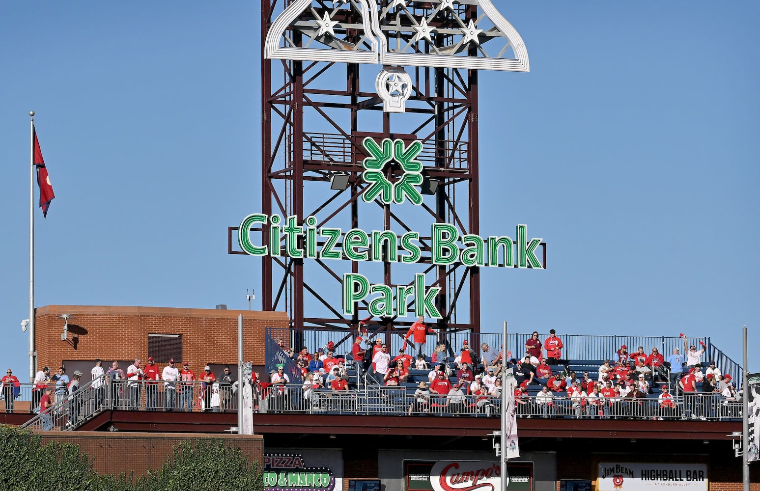 Philadelphia Phillies fans gather in the outfield seats before the afternoon start of game three of the National League Division Series against the Atlanta Braves at Citizens Bank Park in Philadelphia on Friday, October 14, 2022. (Hyosub Shin / Hyosub.Shin@ajc.com)