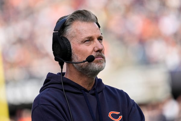 Chicago Bears head coach Matt Eberflus watches during the first half of an NFL football game against the Green Bay Packers Sunday, Nov. 17, 2024, in Chicago. (AP Photo/Nam Y. Huh)