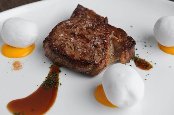 Blue-cheese cured steak with "edible stones"