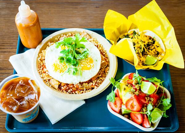 Breakfast offerings from Little Rey include huevos rancheros (center), the mushroom, kale and poblano taco (top right), fruta bowl (bottom right) and café de olla (bottom left). CONTRIBUTED BY HENRI HOLLIS