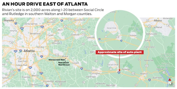 Location of Rivian's $5 billion electric vehicle factory east of Atlanta. The company’s site, about 2,000 acres along I-20 between the towns of Social Circle and Rutledge in southern Walton and Morgan counties, is about an hour’s drive from Atlanta and can pull from the metro area’s talent pool to fill its 7,500 planned jobs.