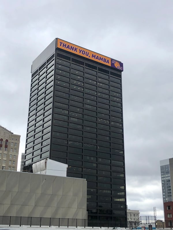 On Peachtree Street, they pay tribute to Kobe Bryant from atop the home of Georgia's Own Credit Union. (Photo courtesy Georgia's Own Credit Union)