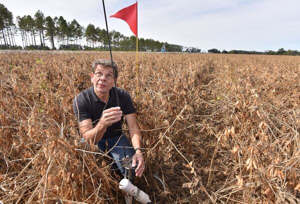 George Vellidis, a professor of crop and soil sciences at University of Georgia’s Tifton campus, shows a wireless soil moisture sensor at C.M. Stripling Irrigation Research Park in Camilla in October. It’s been six years since Florida took its long-running water rights grievances against Georgia to the Supreme Court, and since then the focus of its suit has shifted from metro Atlanta to the farmland of southwest Georgia. (Hyosub Shin / Hyosub.Shin@ajc.com)