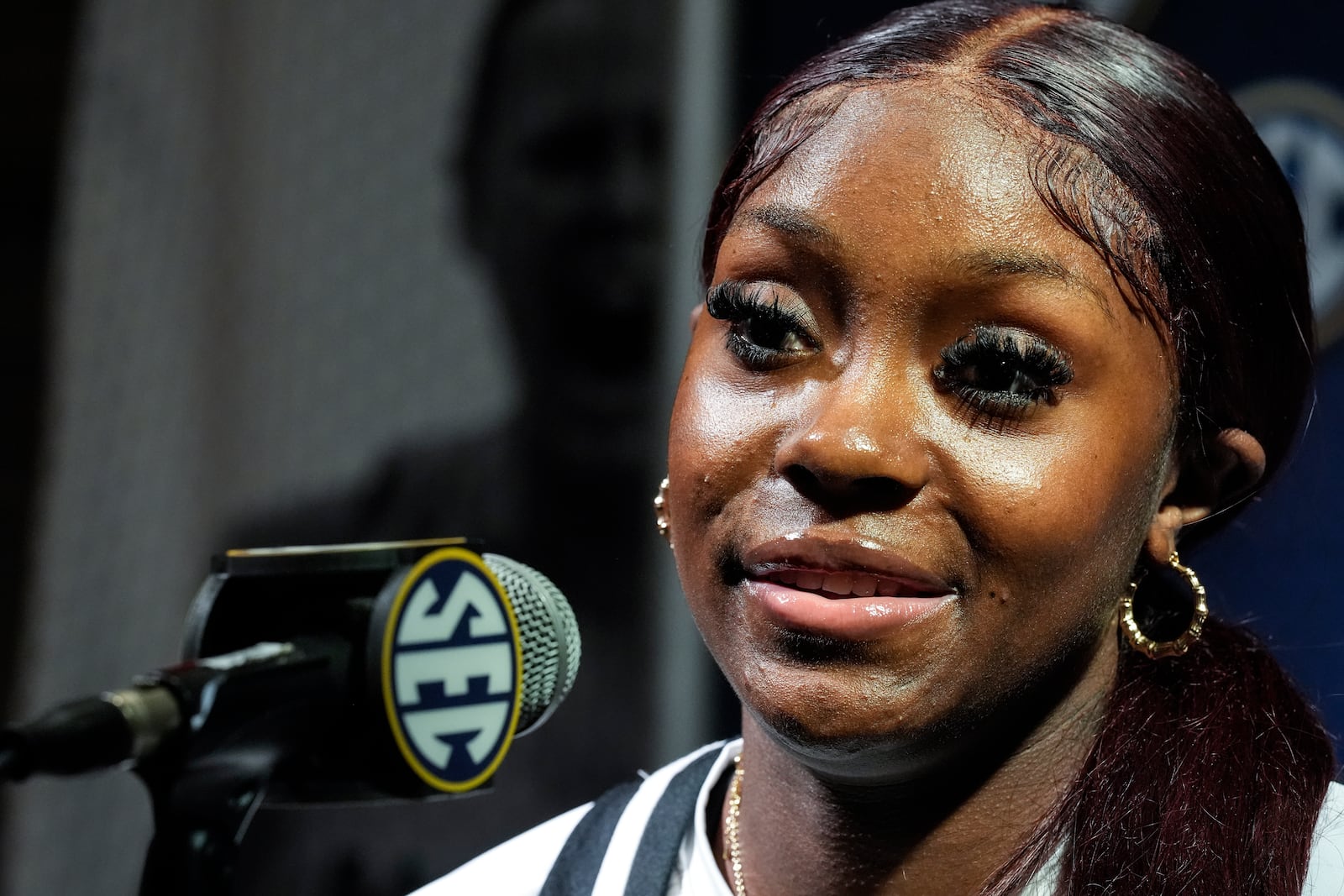 South Carolina player Raven Johnson speaks during an NCAA Southeastern Conference Media Day, Wednesday, Oct. 16, 2024, in Birmingham, Ala. (AP Photo/Mike Stewart)