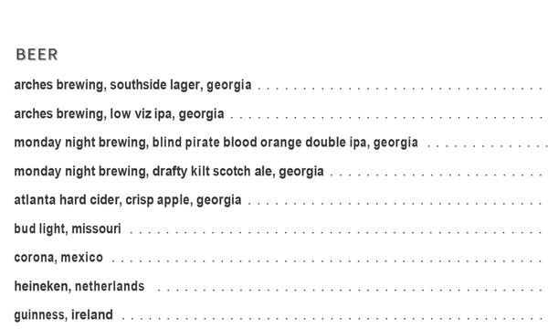 Beer list for Virgil's Gullah Kitchen & Bar