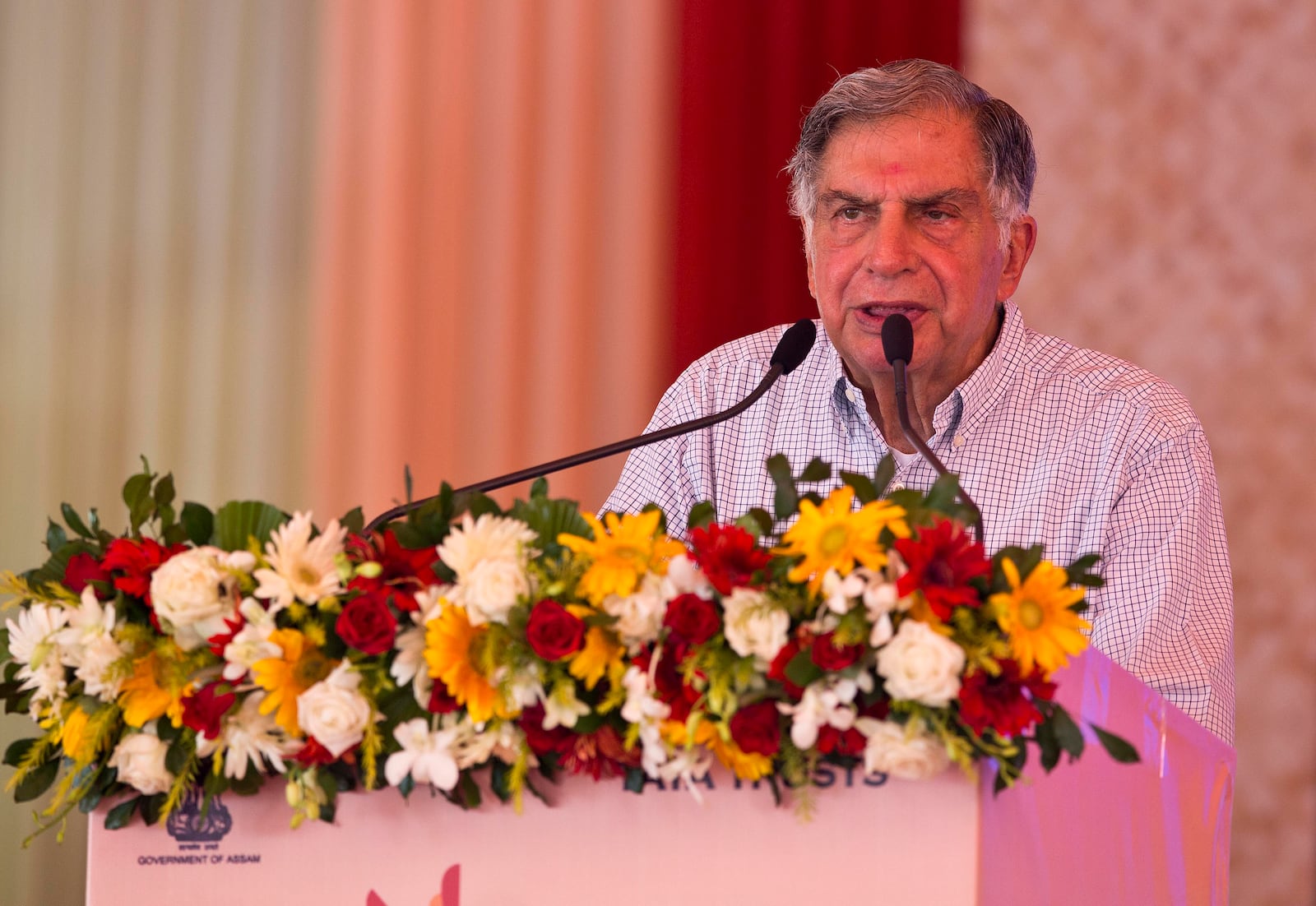 FILE - Tata Trusts Chairman Ratan Tata speaks during the foundation stone laying ceremony of a cancer care hospital in Gauhati, India, June 18, 2018. (AP Photo/Anupam Nath, File)