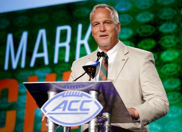 Miami head coach Mark Richt speaks to the media during the Atlantic Coast Conference NCAA college football media day in Charlotte, N.C., Friday, July 14, 2017. (AP Photo/Chuck Burton)