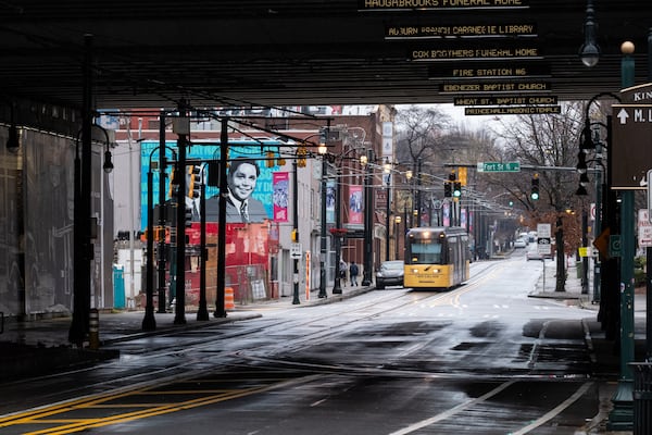 The Atlanta Streetcar approaches the Auburn Avenue underpass. (Ben Gray for the AJC)