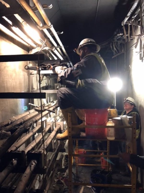 Workers were making repair Sunday on the electrical equipment that caught fire at Hartsfield-Jackson International Airport on Sunday afternoon. Photo provided by Georgia Power.