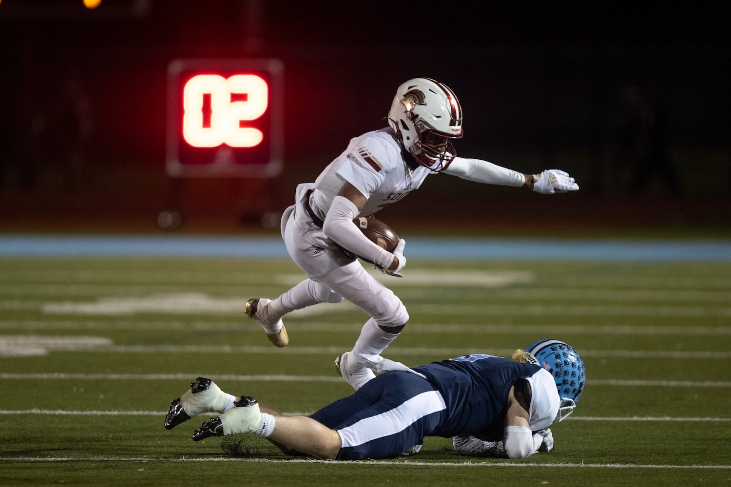 South Paulding's Alek Cooper (2) runs the ball during a GHSA high school football game between Cambridge and South Paulding at Cambridge High School in Milton, GA., on Saturday, November 13, 2021. (Photo/Jenn Finch)