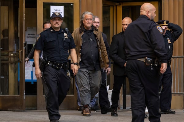 Steve Bannon exits Manhattan criminal court in New York, Tuesday, Nov. 12, 2024. (AP Photo/Yuki Iwamura)