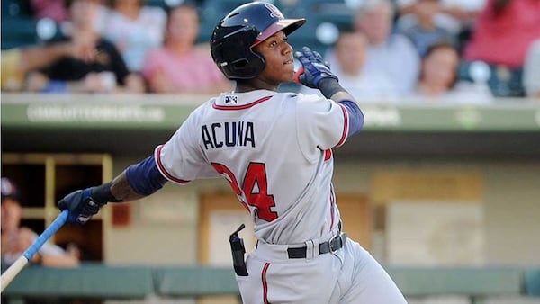  Ronald Acuna is only 19, but the dynamic top-rated Braves outfield prospect could be called up before the end of the season as the team gets a look at some players expected to compete for spots in 2018 spring training. (Laura Wolff/Charlotte Knights)