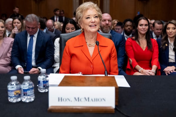 Linda McMahon, President Donald Trump's nominee for Secretary of Education, arrives for a hearing of the Health, Education, and Labor Committee on her nomination, Thursday, Feb. 13, 2025, in Washington. (AP Photo/Jacquelyn Martin)