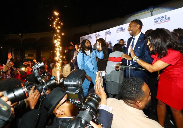 Flares go off as Atlanta Mayor-elect Andre Dickens concludes his victory address. Curtis Compton / Curtis.Compton@ajc.com