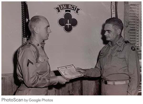 Gerhardt Hoff (left) is pictured at his naturalization ceremony in August 1955 at Fort Rucker in Alabama, where he served in the 351st RCT. Hoff, 89, a local businessman born in Vienna in 1930, died April 22 due to complications from COVID-19. CONTRIBUTED