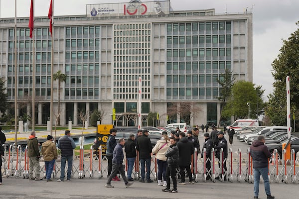 Security have cordons off the area around City Hall following the arrest of Istanbul Mayor Ekrem Imamoglu in Istanbul, Turkey, Wednesday, March 19, 2025. (AP Photo/Francisco Seco)