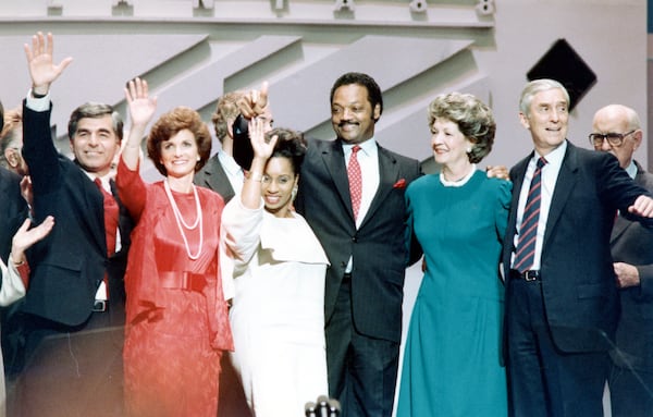 File: Massachusetts Gov. Michael Dukakis, his wife, Kitty Jacqueline Jackson, the Rev. Jesse Jackson, Beryl Ann Bentsen and Sen. Lloyd Bentsen appear on the podium at The Omni coliseum. Friday July 22, 1988.