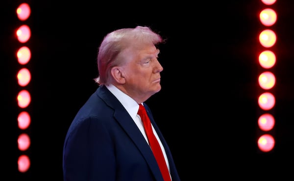 Then-Republican presidential nominee and former U.S. President Donald Trump looks on during a Univision Noticias town hall event on Oct. 16, 2024, in Doral, Florida.  (Joe Raedle/Getty Images/TNS)