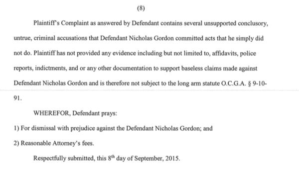 An excerpt from the response Nick Gordon's legal team filed on his behalf.