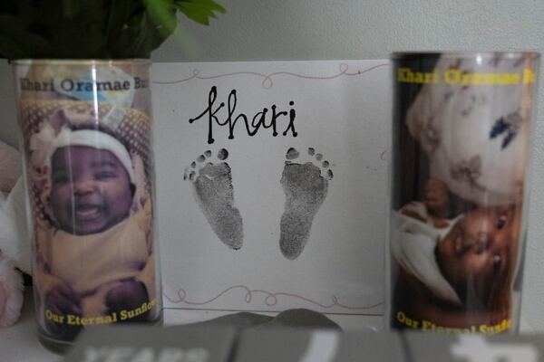 Nick and Brittany Burns talk about the loss of their 3-month-old daughter Khari during an interview in their Atlanta home Wednesday, Aug. 21, 2024.   (Ben Gray / Ben@BenGray.com)