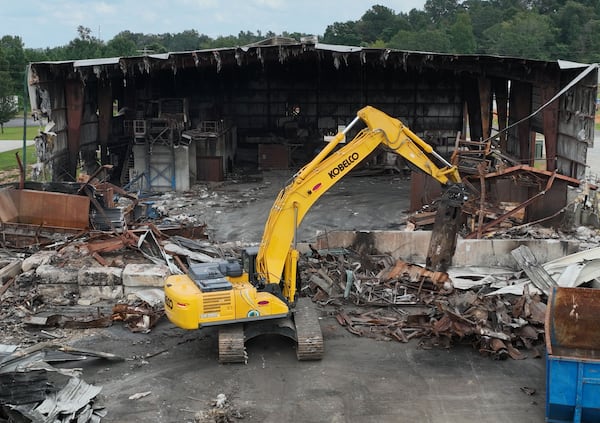 Aerial photo shows the remnants of Metro Site’s recycling facility that burned down in July 2023 in Commerce. (Hyosub Shin/AJC)