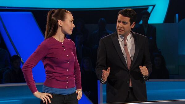 Atlanta native Jessica Sams, left, stands next to “Idiotest” host Ben Gleib, right, during an individual test portion in her appearance on the show. The episode will air March 23 at 10 p.m. 