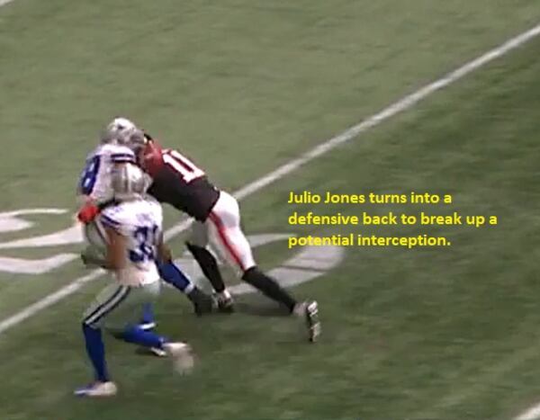 Julio Jones playing defensive back right here to break up the potential interception.