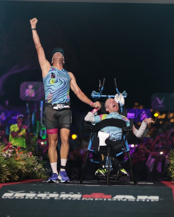 Brent (left) and Kyle made their best time yet -- 14 hours and eight minutes -- when they completed the 2024 Kona Ironman competition in October. 
Courtesy of John David Johnson II