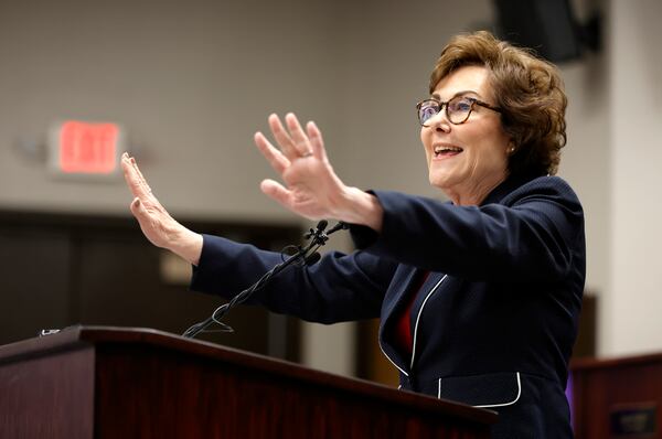 Sen. Jacky Rosen, D-Nev., gives a victory speech at the Teamsters Local 631 meeting hall Saturday, Nov. 9, 2024, in Las Vegas. (Steve Marcus/Las Vegas Sun via AP)