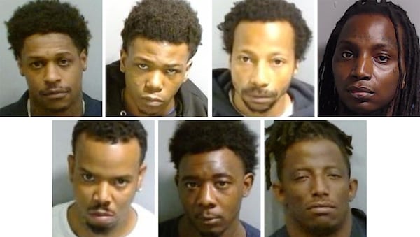 Seven men were charged in connection with a shooting that left two 13-year-olds dead on July 2, 2024. The suspects were identified as (clockwise from top left): Ali Caldwell, 33; DeKeitheon Mobley, 24; Markus Crawford, 34; Quiyontay Sanders, 36; Tradon Crawford, 32; Richard Hollis, 24; and Reginald Thomas, 38.