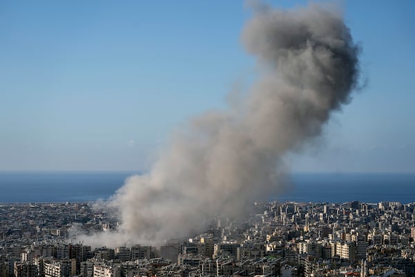 Smoke rises after an Israeli airstrike on Dahiyeh, in the southern suburb of Beirut, Lebanon, Saturday, Nov. 16, 2024. (AP Photo/Bilal Hussein)