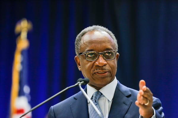 10/07/2019 -- Decatur, Georgia -- DeKalb County CEO Michael Thurmond speaks during a presser to introduce newly appointed DeKalb County Police Chief Mirtha Ramos at the Manuel J. Maloof Auditorium, Monday, October 7, 2019. (Alyssa Pointer/Atlanta Journal Constitution)