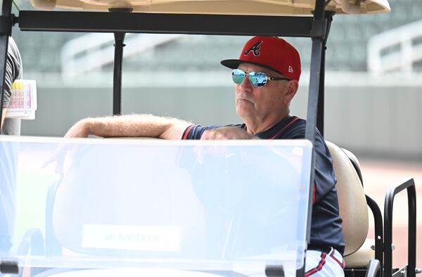 Atlanta Braves Manager Brian Snitker watches batting practice during the first of the Braves pitchers and catchers report to spring training at CoolToday Park, Wednesday, February 12, 2025, North Port, Florida. (Hyosub Shin / AJC)