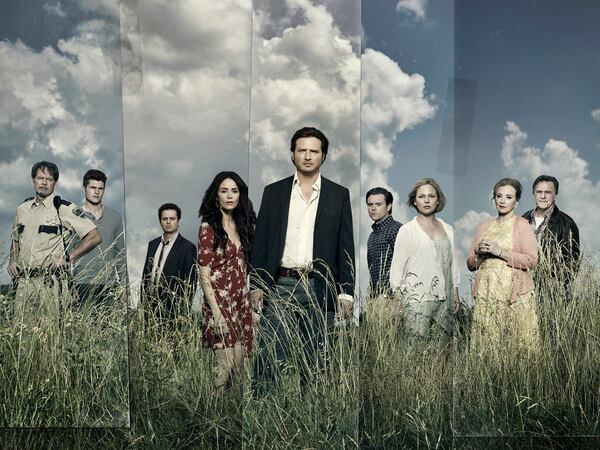 (L to R) JD Evermore as Sheriff Carl Daggett, Jake Austin Walker as Jared Talbot, Luke Kirby as Jon Stern, Abigail Spencer as Amantha Holden, Aden Young as Daniel Holden, Clayne Crawford as Ted Talbot Jr, Adelaide Clemens as Tawney Talbot, J Smith-Cameron as Janet Talbot, Bruce McKinnon as Ted Talbot Sr - Rectify _ Season 4, Gallery - Photo Credit: James Minchin/Sundance TV