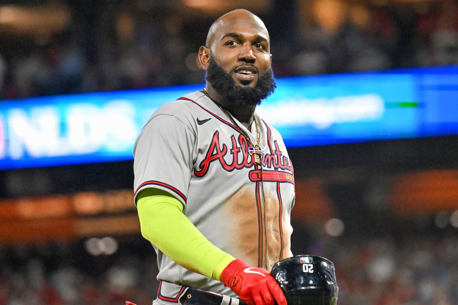 Atlanta Braves’ designated hitter Marcell Ozuna looks to the dugout during the ninth inning of NLDS Game 4 against the Philadelphia Phillies at Citizens Bank Park in Philadelphia on Thursday, Oct. 12, 2023.   (Hyosub Shin / Hyosub.Shin@ajc.com)