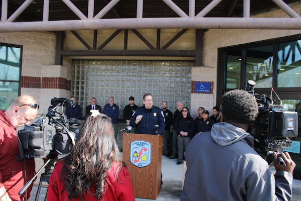 Floyd County police Sgt. Chris Fincher speaks to reporters outside the Rome-Floyd County Law Enforcement building Thursday morning.