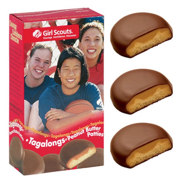 TAGALONGS -- Tasty cookies topped with creamy peanut butter and covered with a luscious chocolaty coating.