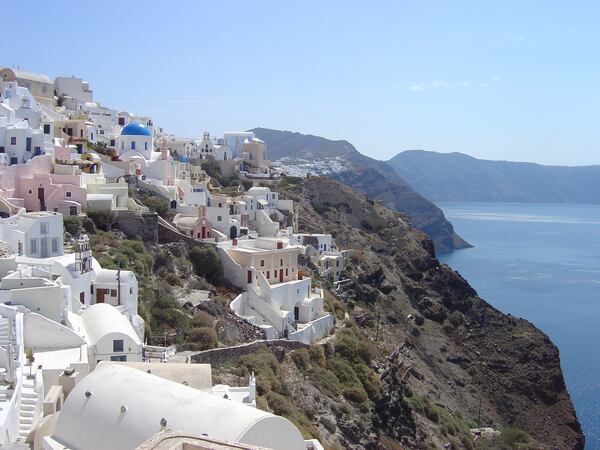 This gorgeous hillside is in Santorini, home to one of the more well-known white wines of Greece, which will be tasted in class. (Photo credit: Lizette Leanza)