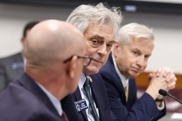 Cordele Republican state Sen. Carden Summers, center, presents Senate Bill 88, which would regulate classroom discussions about gender identity. (Natrice Miller / natrice.miller@ajc.com)