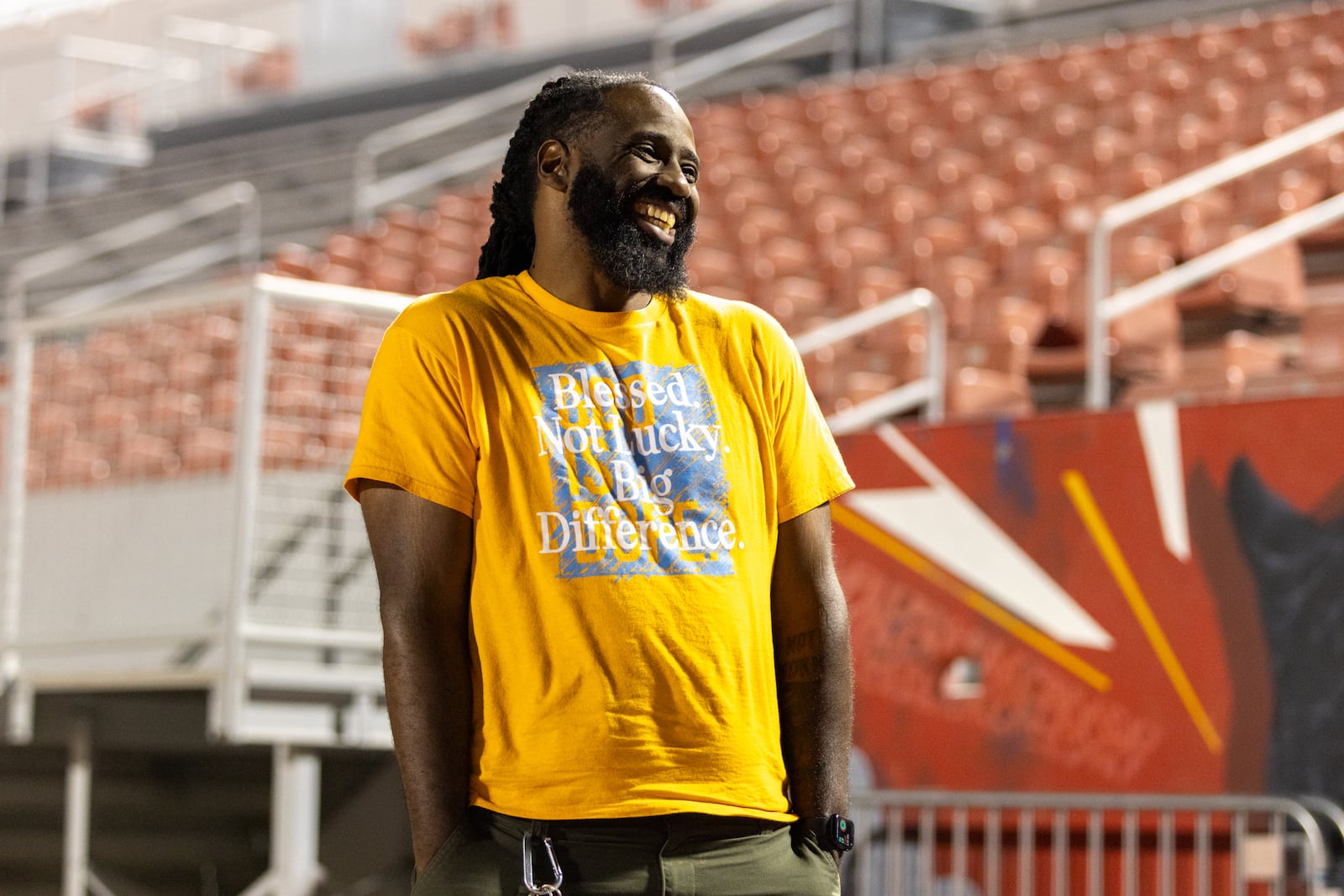 Clark Atlanta University marching band interim band director Torre Goodson oversees practice at Panther Stadium at Clark Atlanta University in Atlanta on Thursday, October 10, 2024. (Arvin Temkar / AJC)