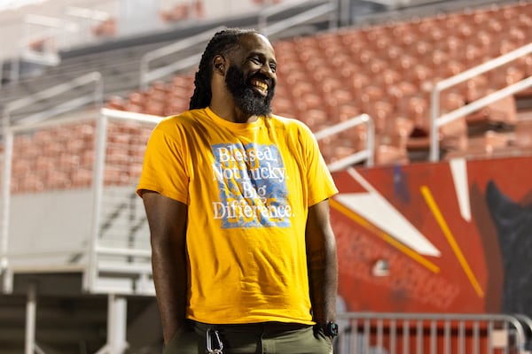 Clark Atlanta University marching band interim band director Torre Goodson oversees practice at Panther Stadium at Clark Atlanta University in Atlanta on Thursday, October 10, 2024. (Arvin Temkar / AJC)